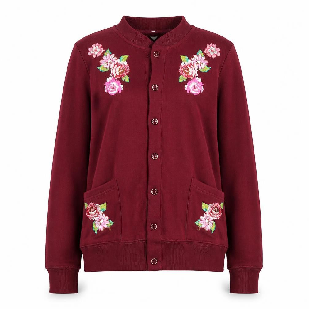 UNIK Women's Burgundy Embroidered Floral Cardigan M Cotton Blend