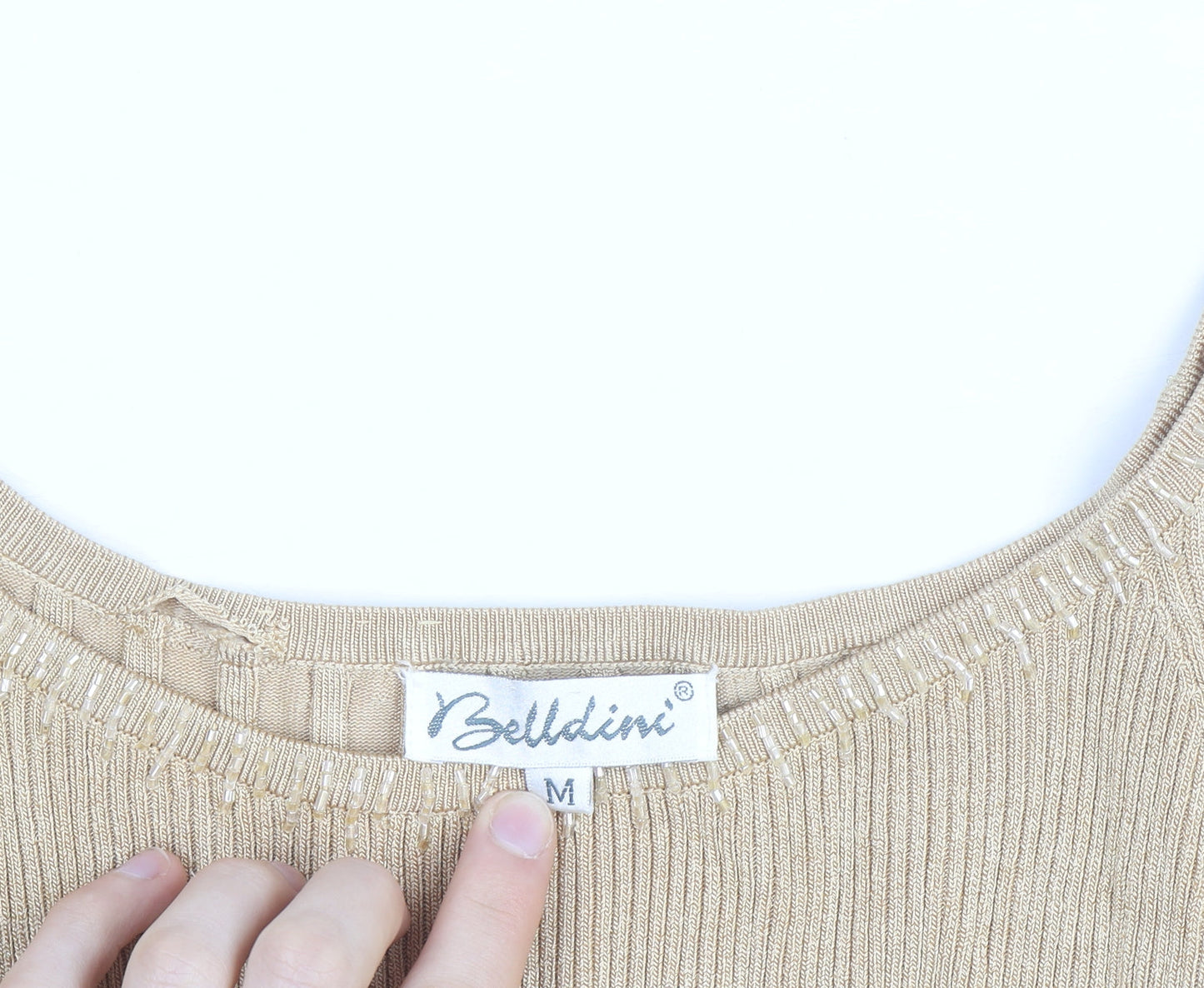 Belldini Women Beige Beaded Boat Neck Ribbed Knit Jumper M
