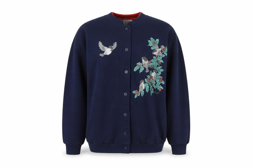 Morning Sun Women’s Blue Petite Large Embroidered Bird Cardigan