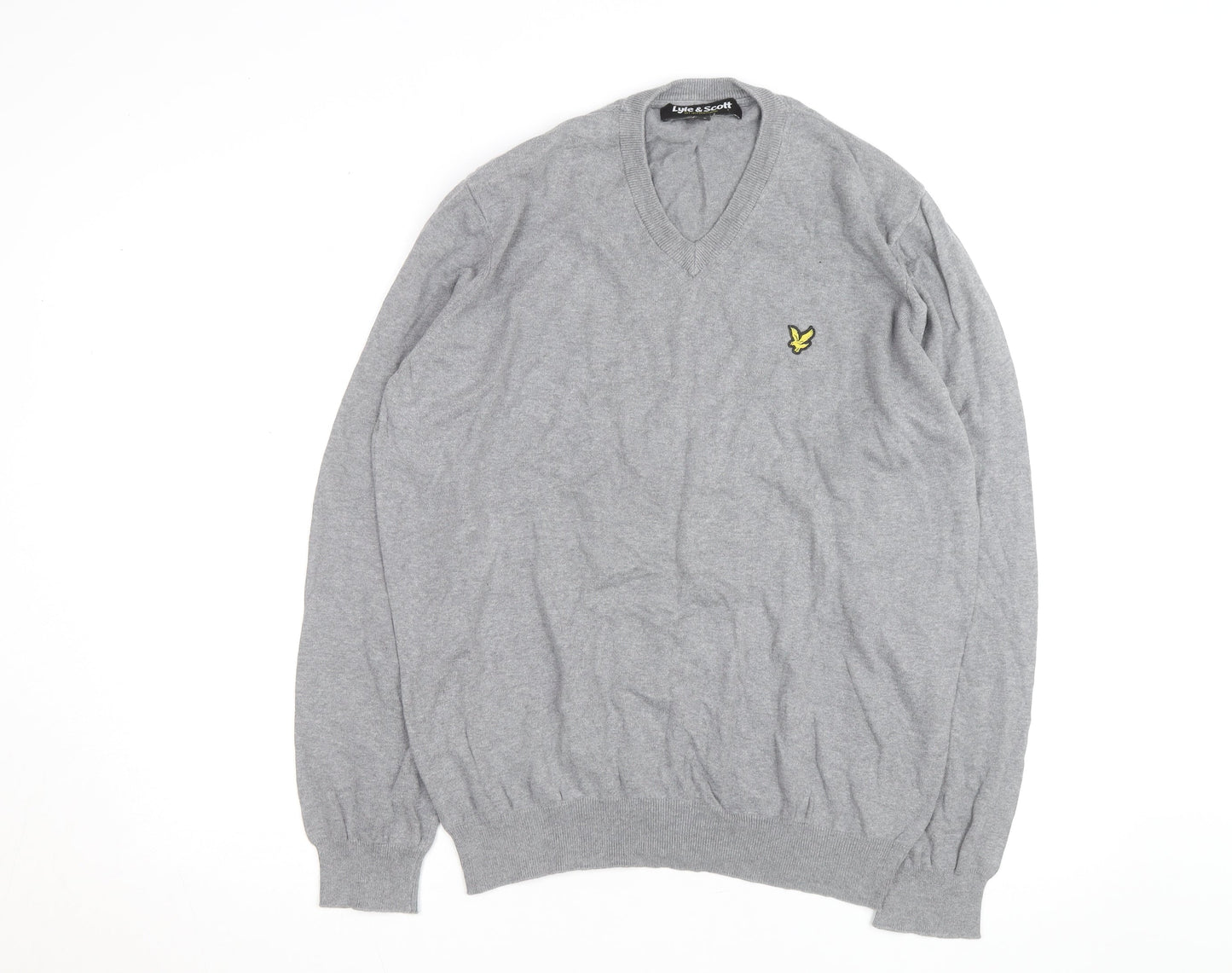 Lyle & Scott Men's Grey V-Neck Cotton Jumper Size L