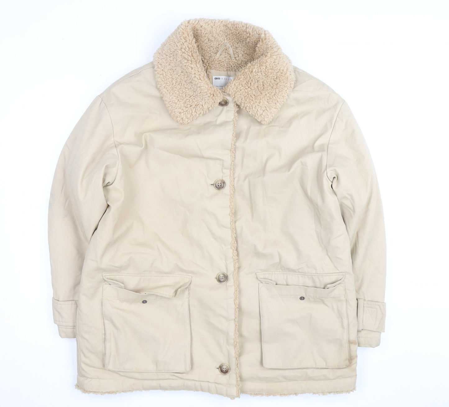 ASOS DESIGN Women's Beige Coat Size 8 Faux Fur Collar Lined Overcoat