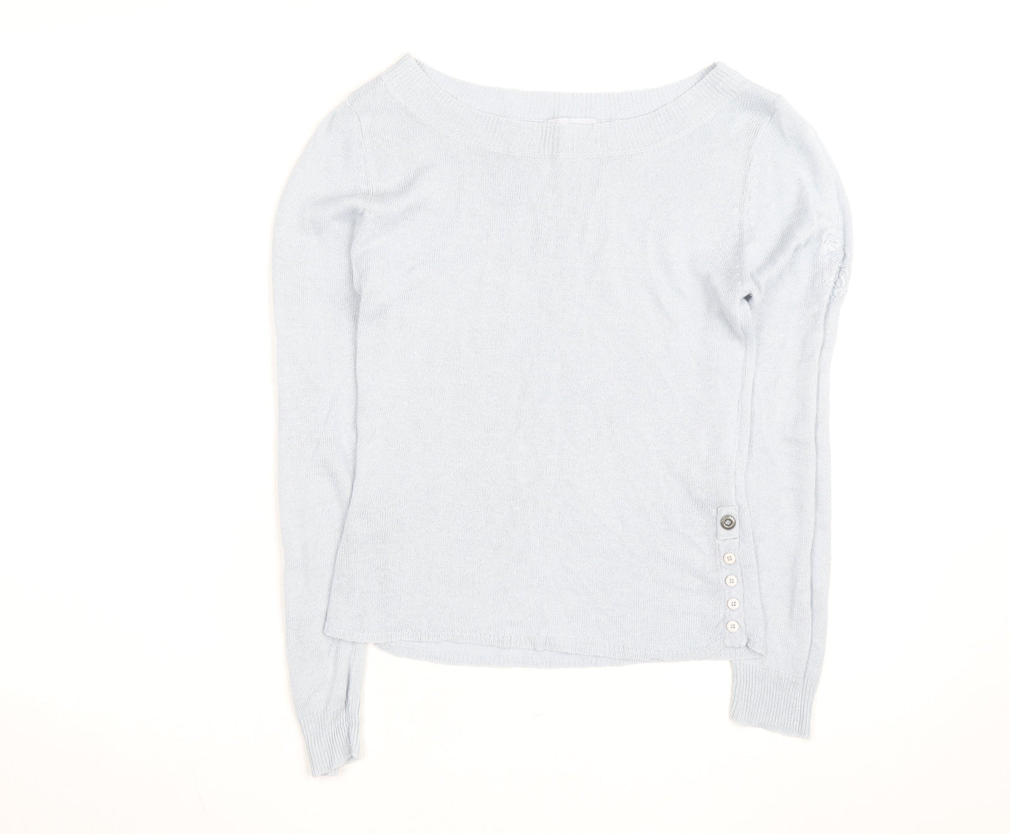 Blanc Bleu Women Blue Linen Boat Neck Button Jumper Size M