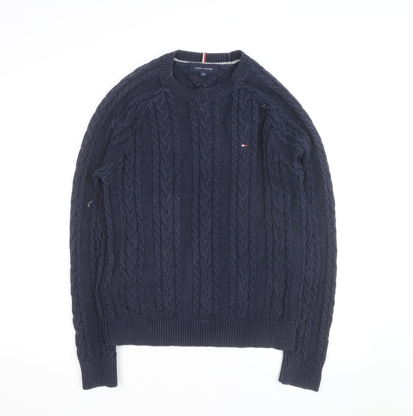 Tommy Hilfiger Men's Blue Cable-Knit Cotton Pullover Jumper Size S
