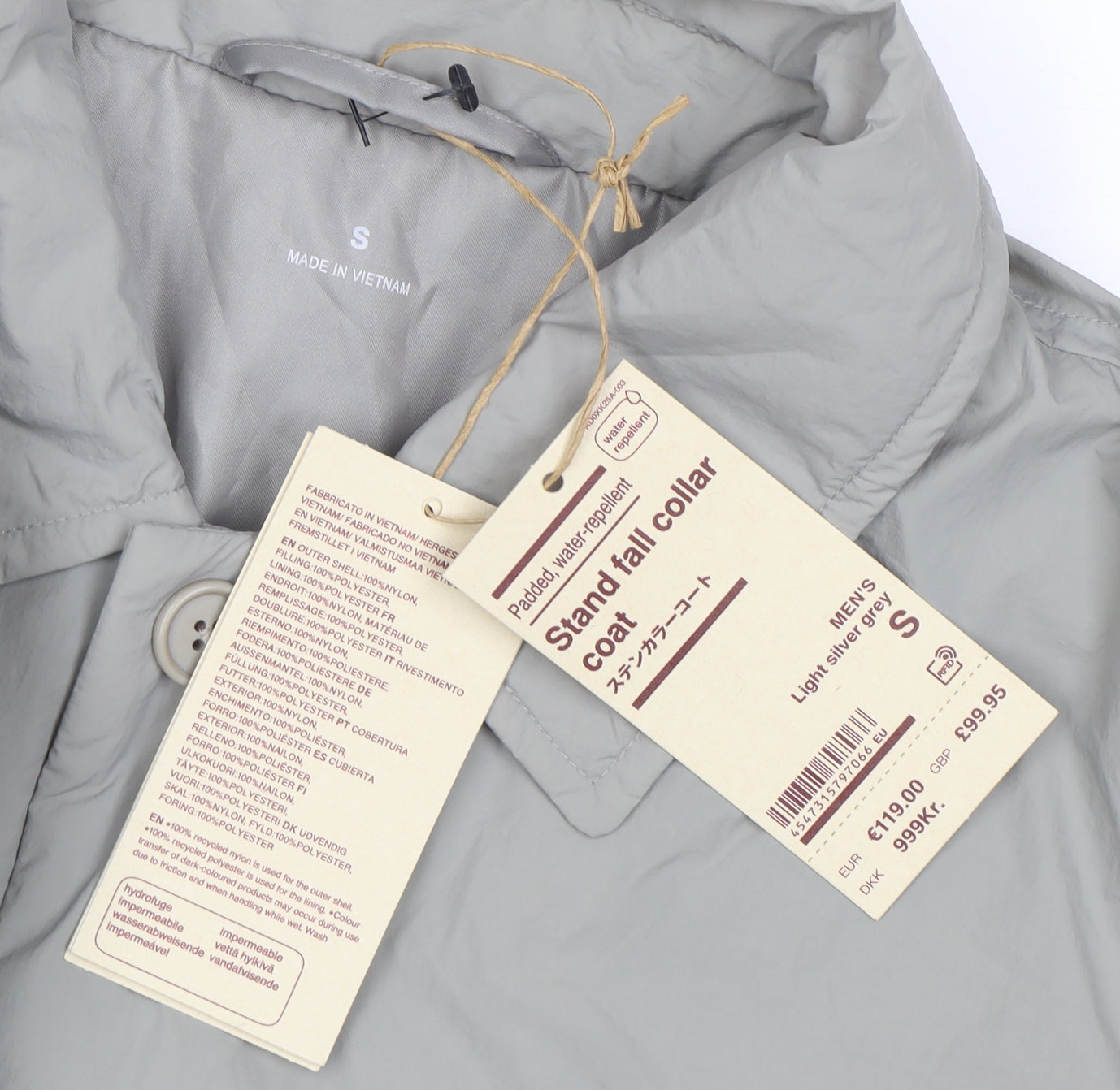 Uniqlo Men's Grey Stand-Up Collar Water Resistant Coat Size S