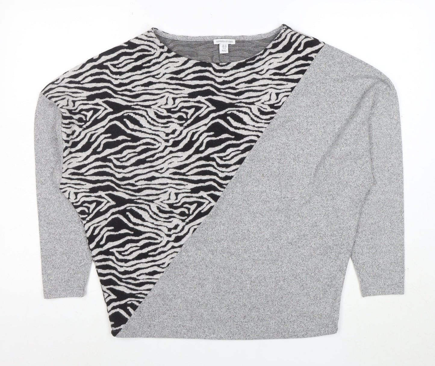 Sonder Studio Womens Grey Zebra Print Relaxed Knit Jumper Size 10