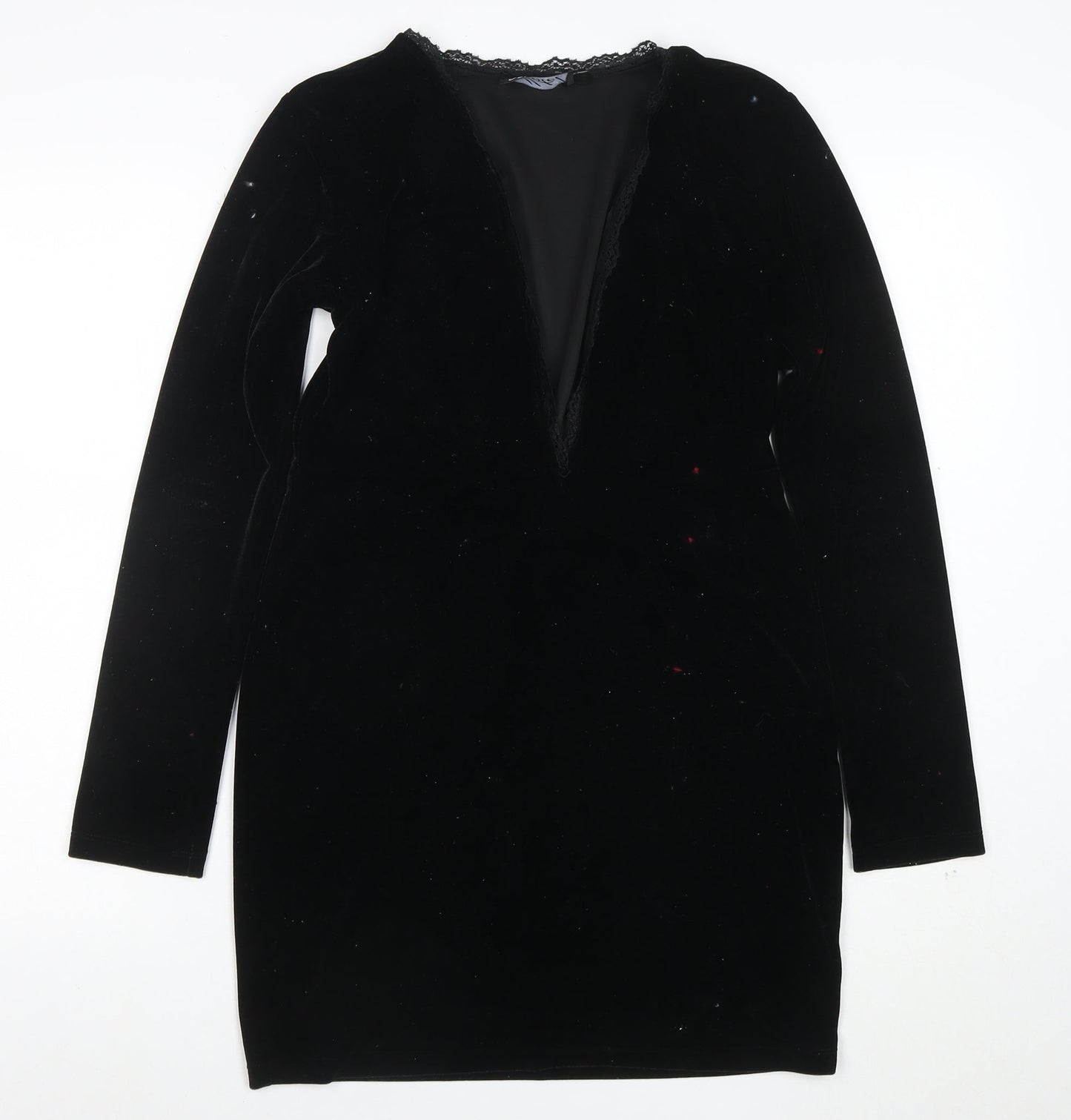 Model Women Black Velvet Lace V-Neck Long Sleeve Bodycon Dress L