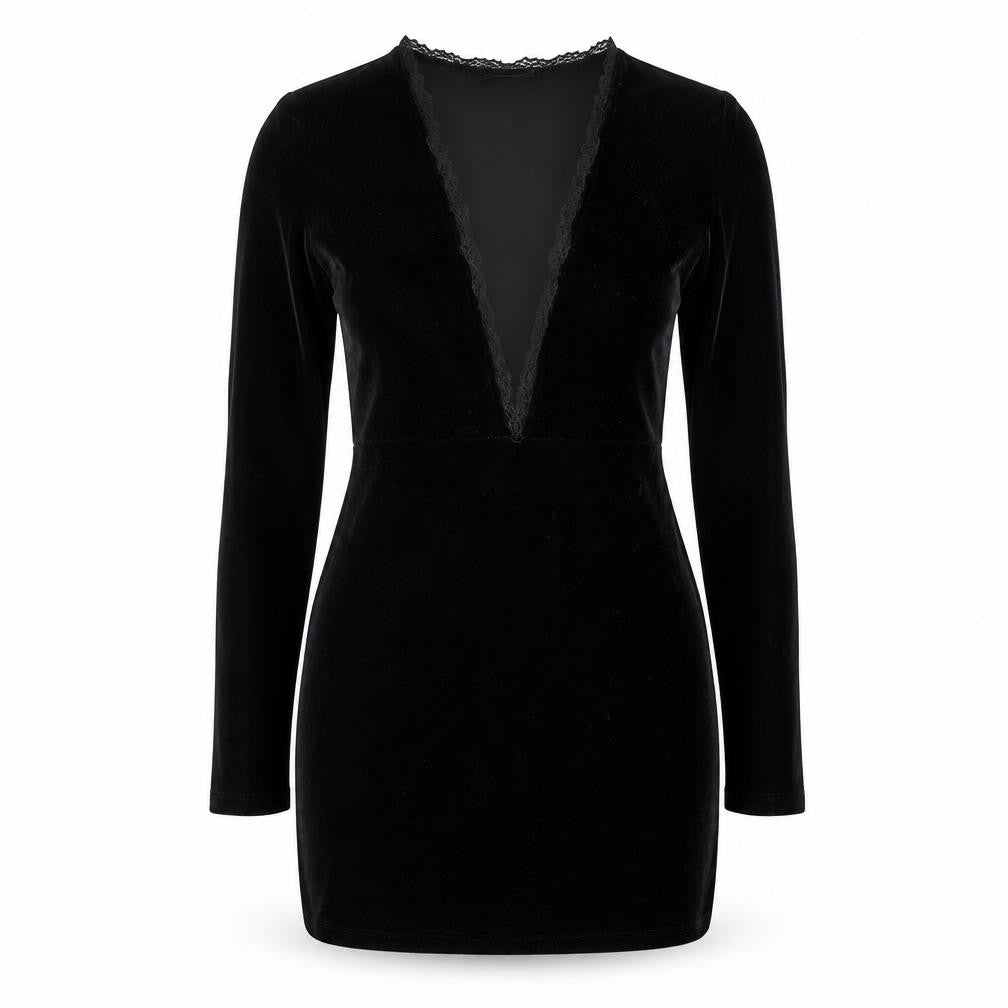 Model Women Black Velvet Lace V-Neck Long Sleeve Bodycon Dress L