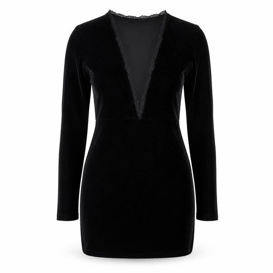 Model Women Black Velvet Lace V-Neck Long Sleeve Bodycon Dress L