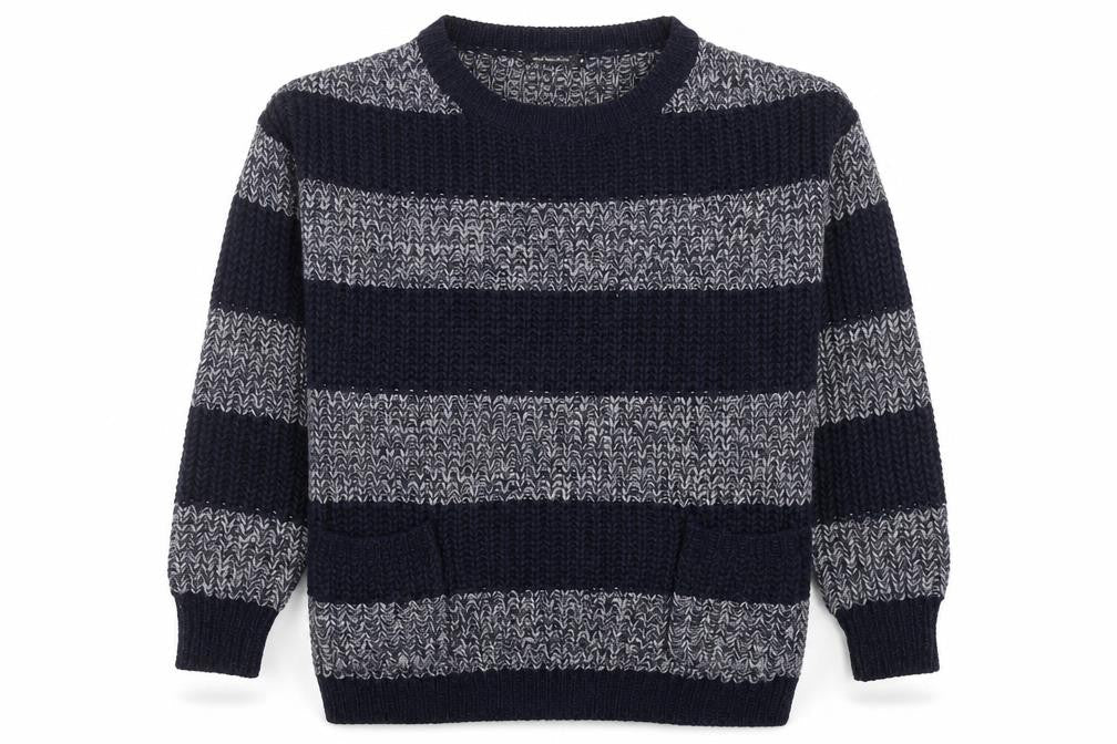 Aed London Women's Navy Grey Striped Knit Jumper M Acrylic Crew Neck