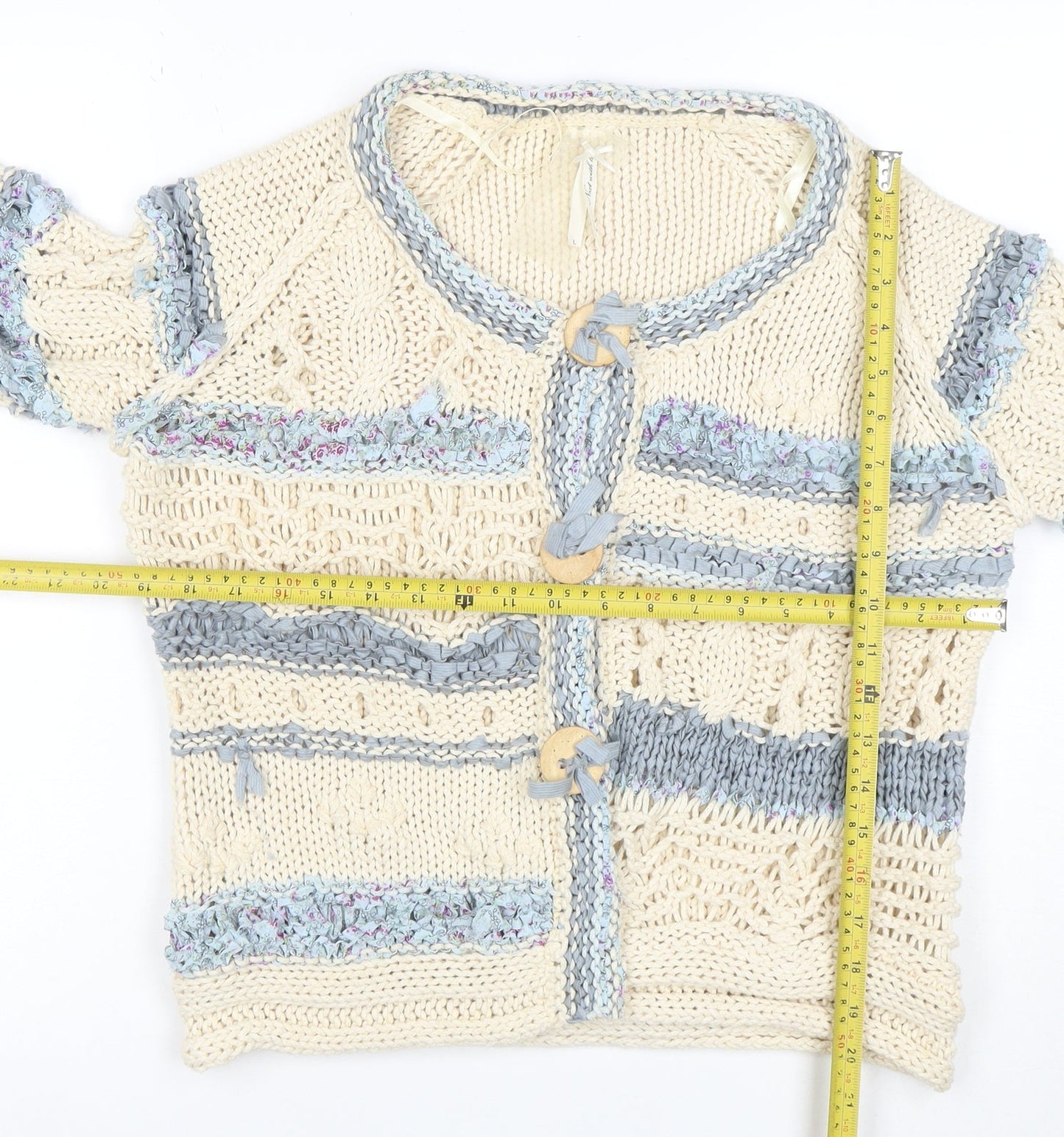 Next Women Beige Blue Knit Cardigan L Crochet Button Cotton Blend