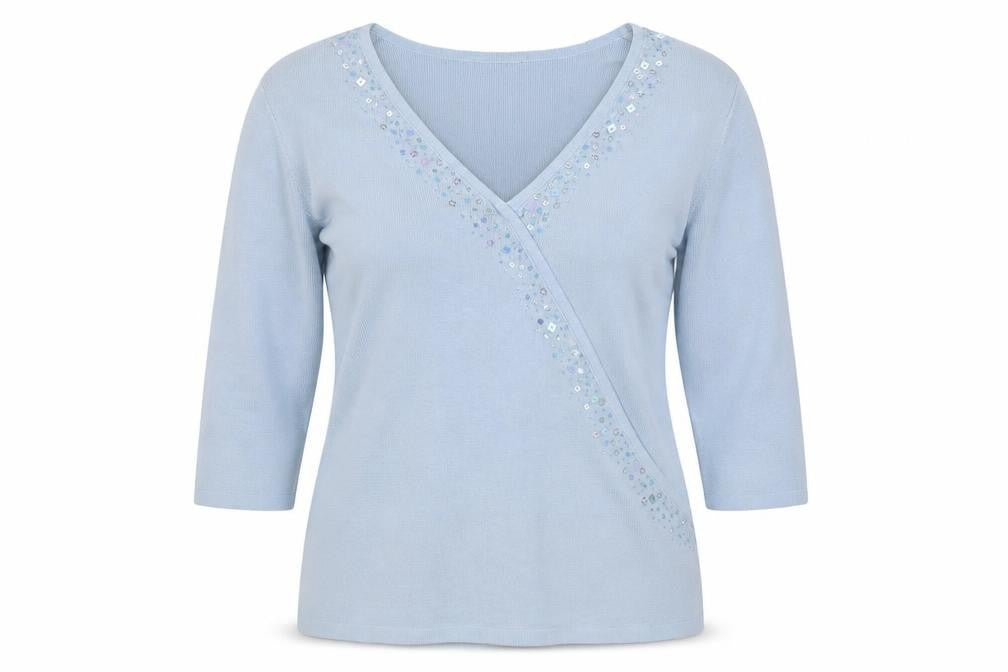 Portafina Women Blue Sequin Wrap Knit 3/4 Sleeve Blouse Size 18
