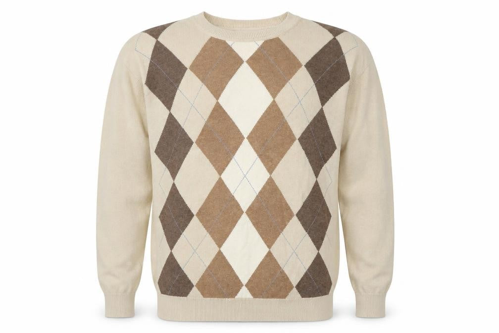 Alex Cannon Men Beige Argyle Crew Neck Cotton Jumper XL
