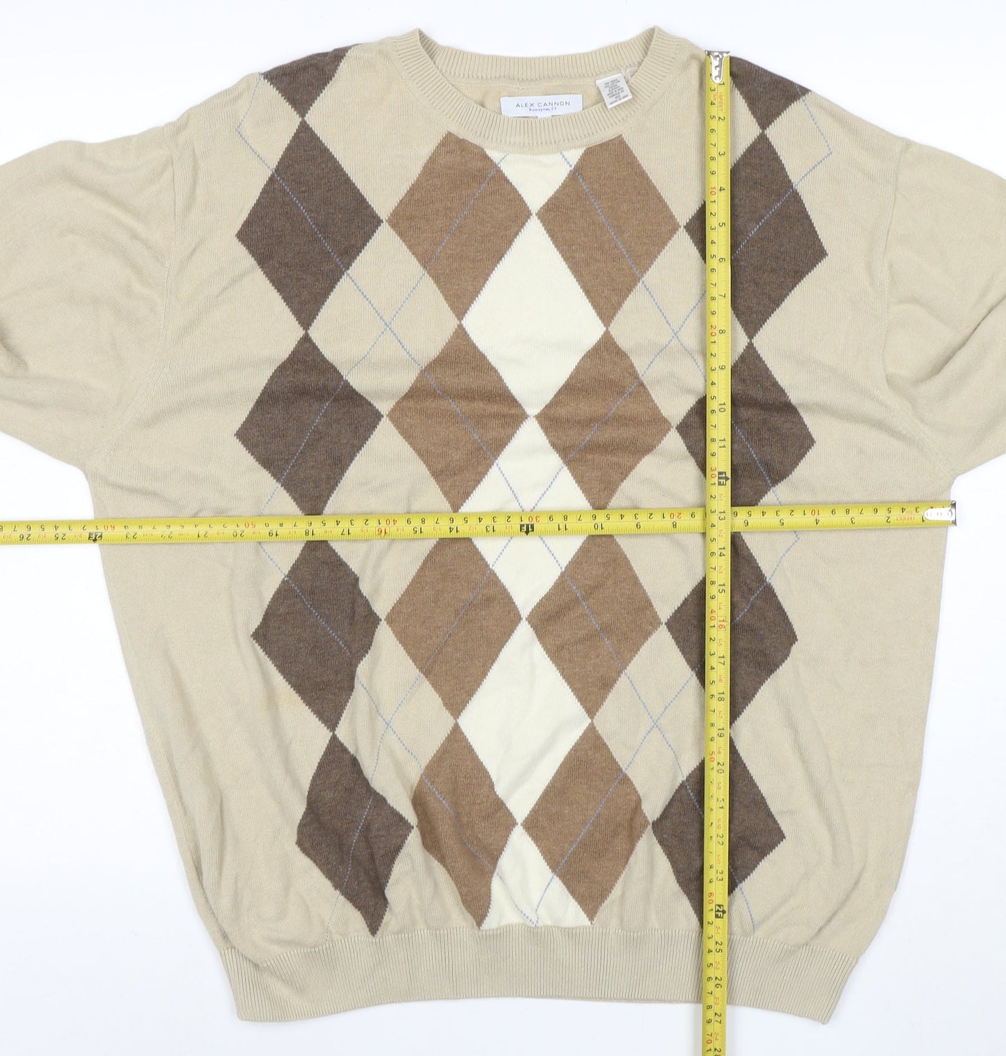Alex Cannon Men Beige Argyle Crew Neck Cotton Jumper XL
