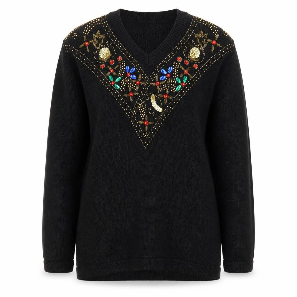 Western Connection Women's Black Beaded V-Neck Knit Jumper Size S
