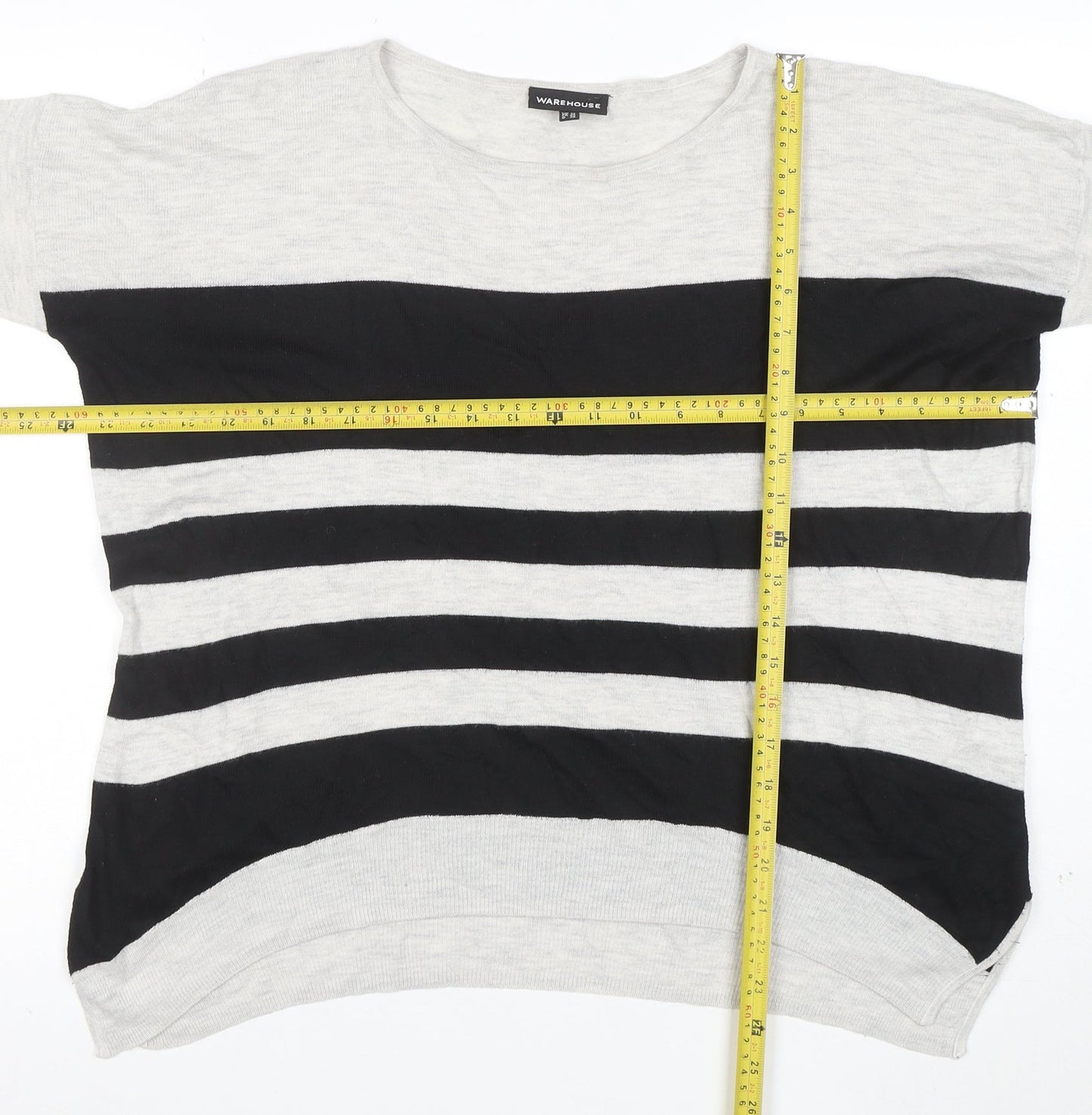 Warehouse Women Black Grey Striped Knit Top UK 12 Relaxed Fit