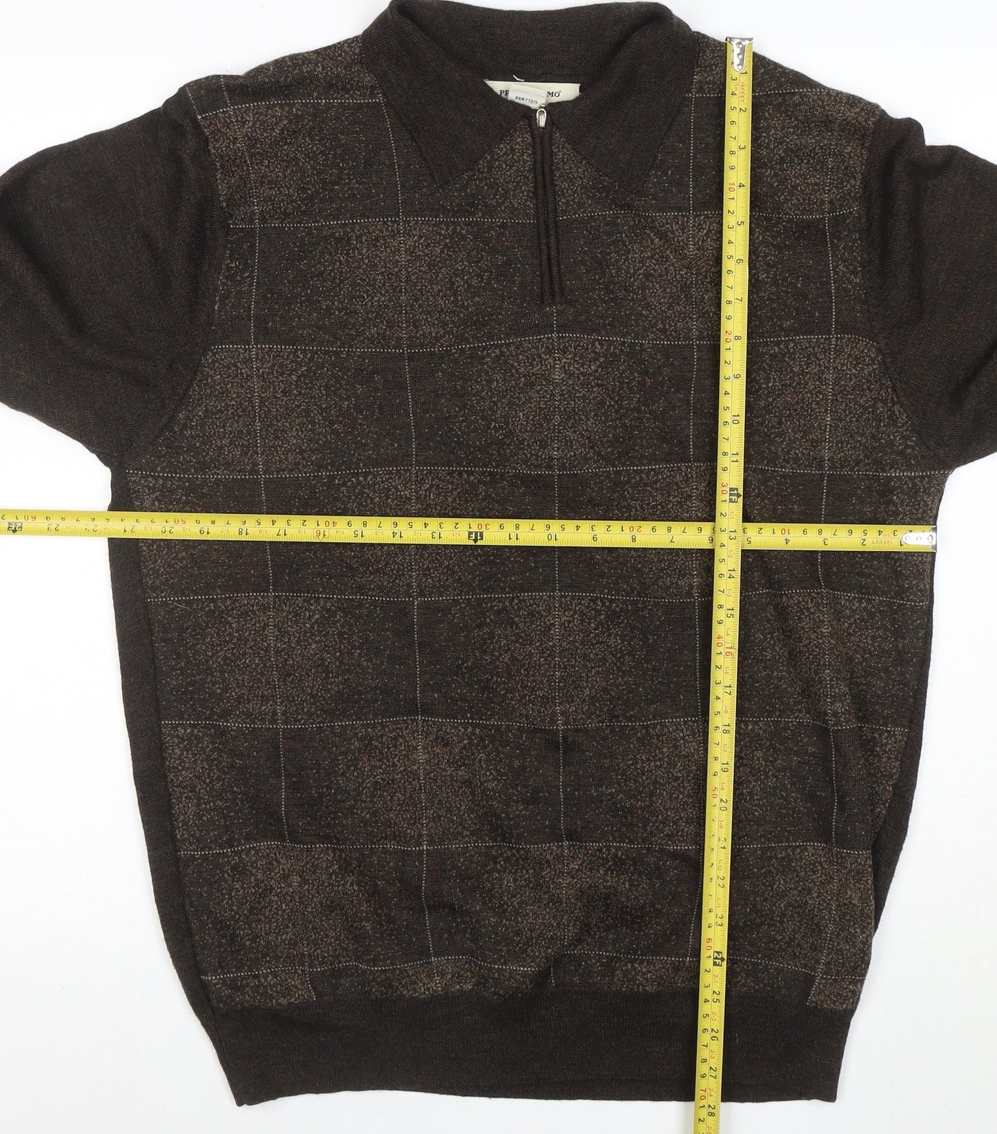 Pronto-Uomo Men's Brown L 1/4 Zip Collared Check Wool Blend Jumper
