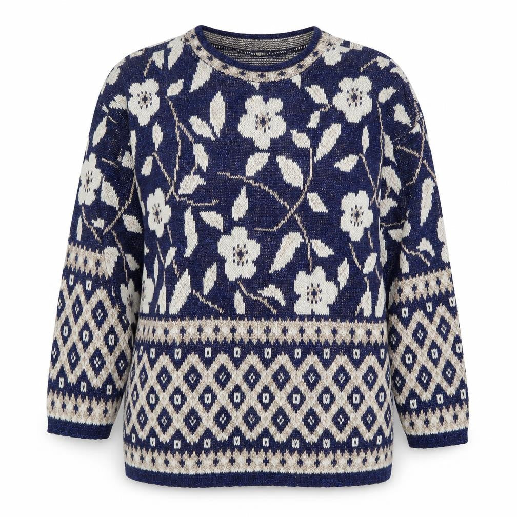 Holiday Time Womens Blue Floral Knit L Jumper Winter Pullover