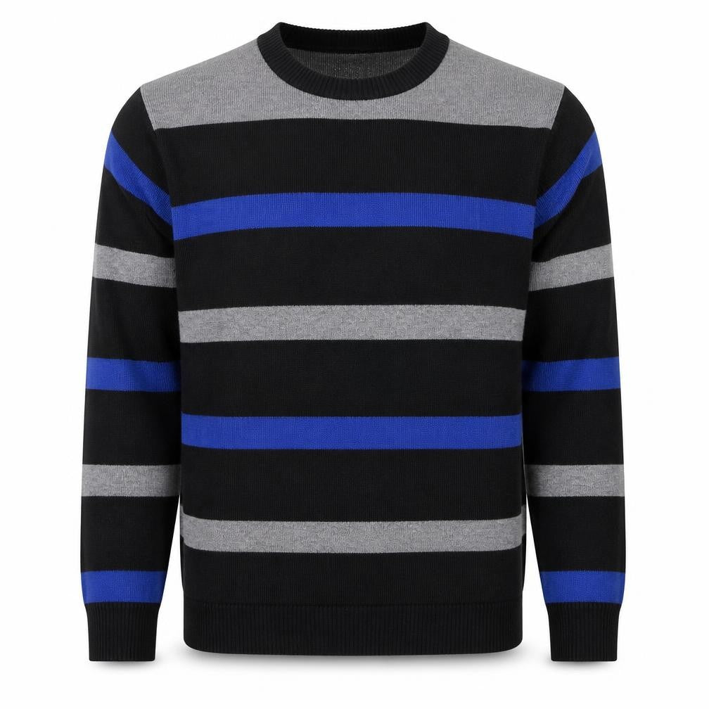 HOT Men's Black Grey Blue Striped Crew Neck Wool Blend Jumper L