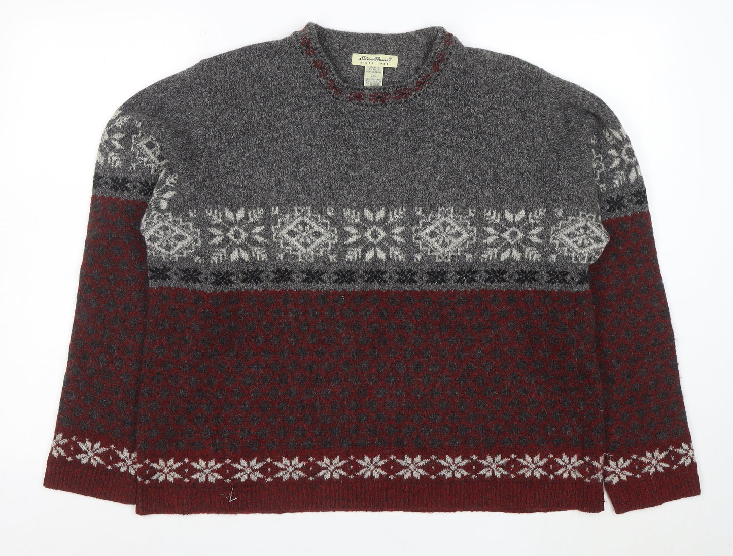 Eddie Bauer Womens Grey Red Fair Isle Wool Jumper Size L Winter Knit