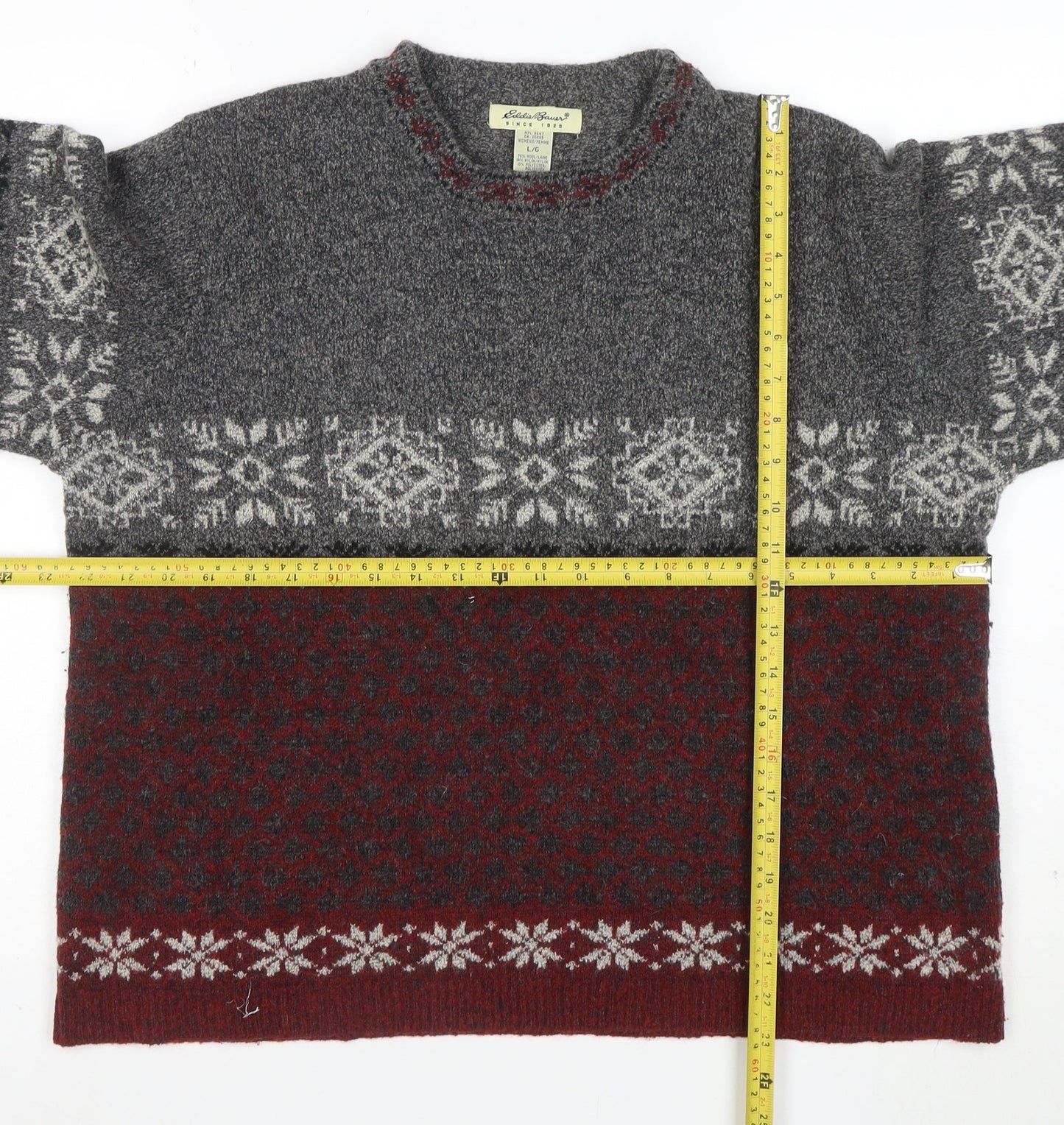 Eddie Bauer Womens Grey Red Fair Isle Wool Jumper Size L Winter Knit