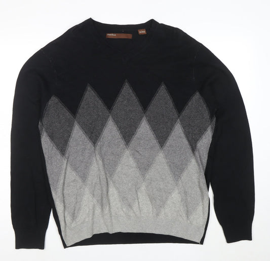 Perry Ellis Men's Black & Grey Argyle Cotton Blend V-Neck Jumper L