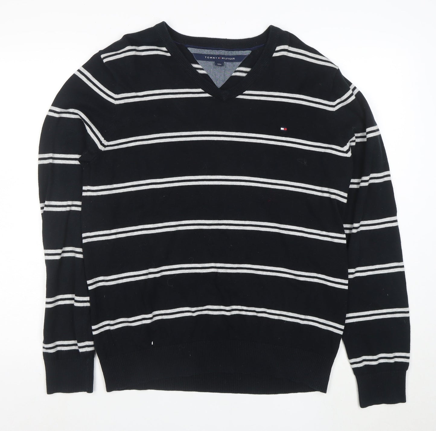 Tommy Hilfiger Men's Black V-Neck Striped Cotton Pullover Jumper L