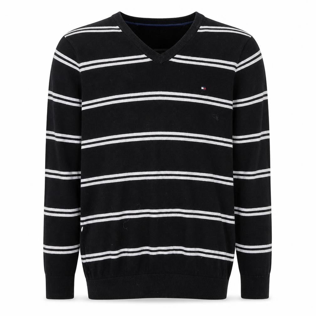 Tommy Hilfiger Men's Black V-Neck Striped Cotton Pullover Jumper L