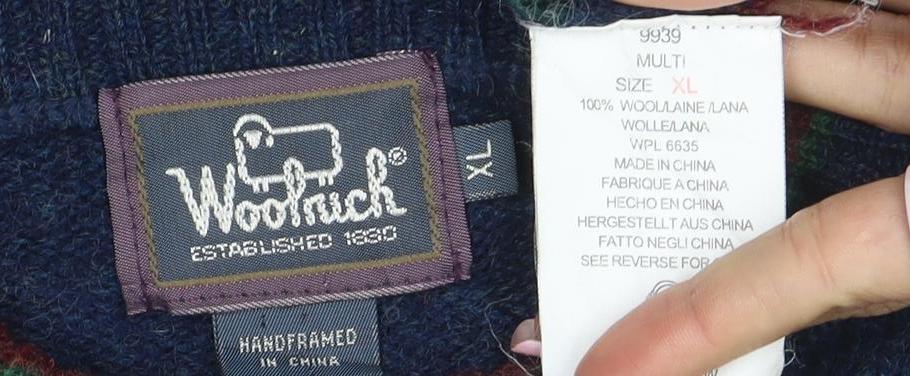 Woolrich Men's Multicoloured Wool Crew Neck Geometric Jumper XL Vintage