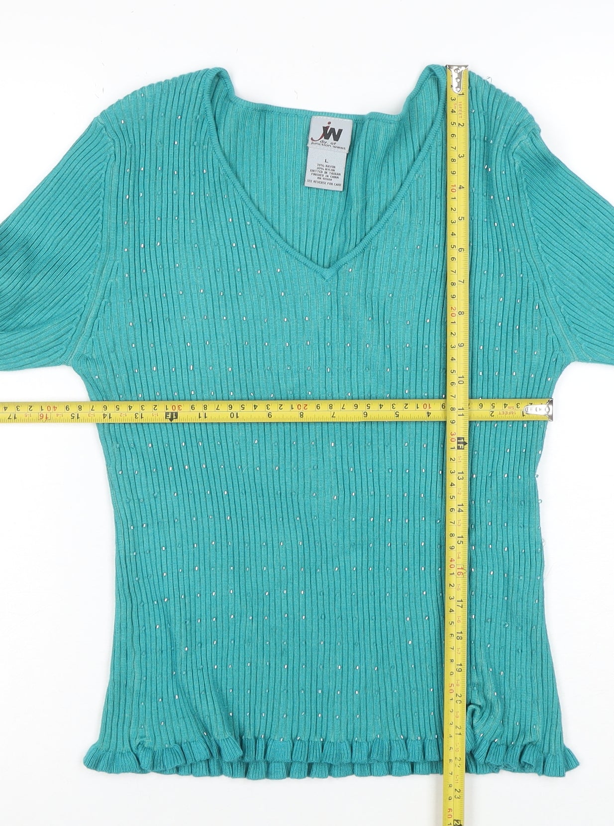 Junction West Women's Blue Rhinestone V-Neck Knit Blouse Size L