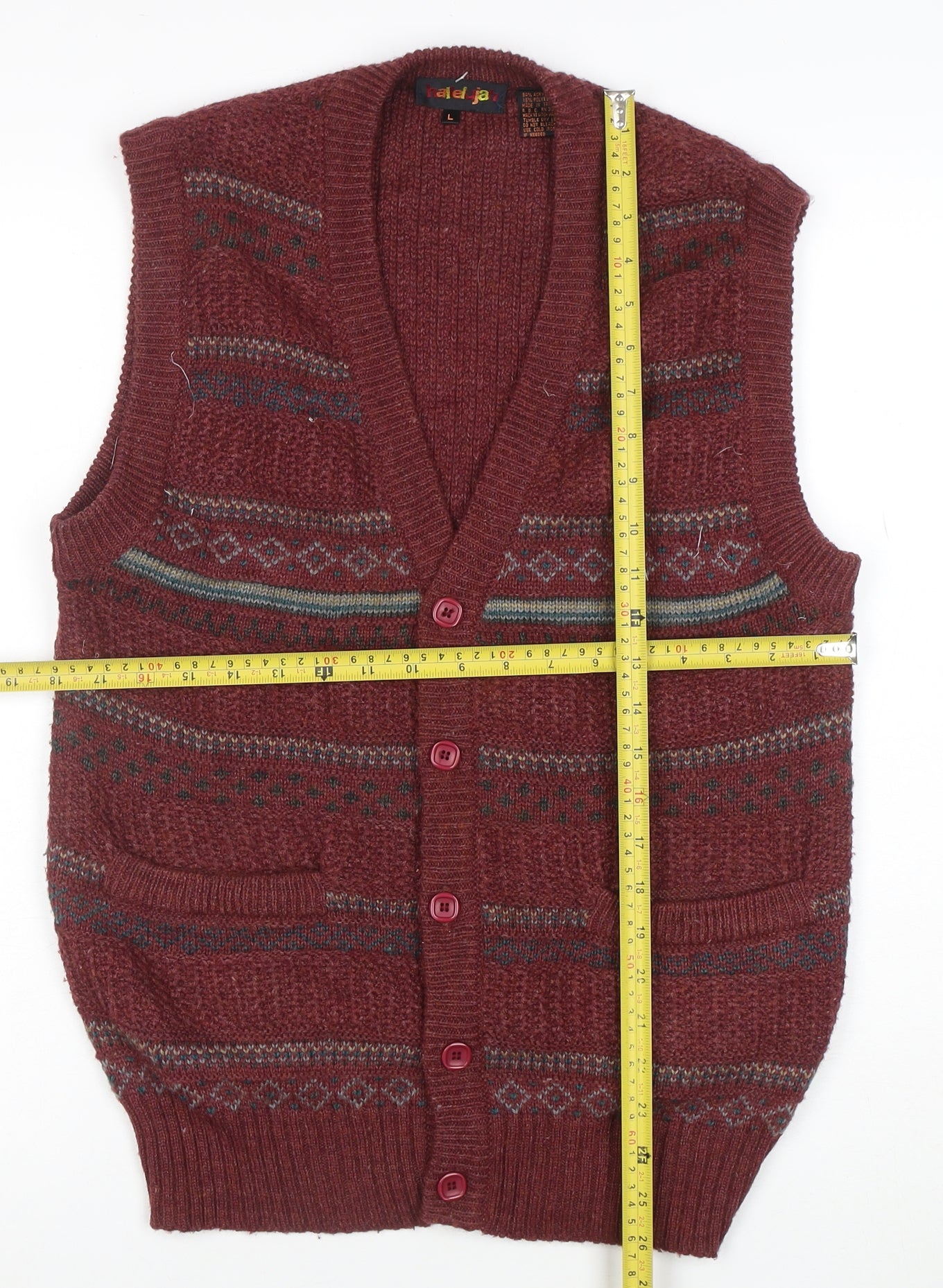 Talbots Women Burgundy Fair Isle Knit Button Vest L Wool Blend