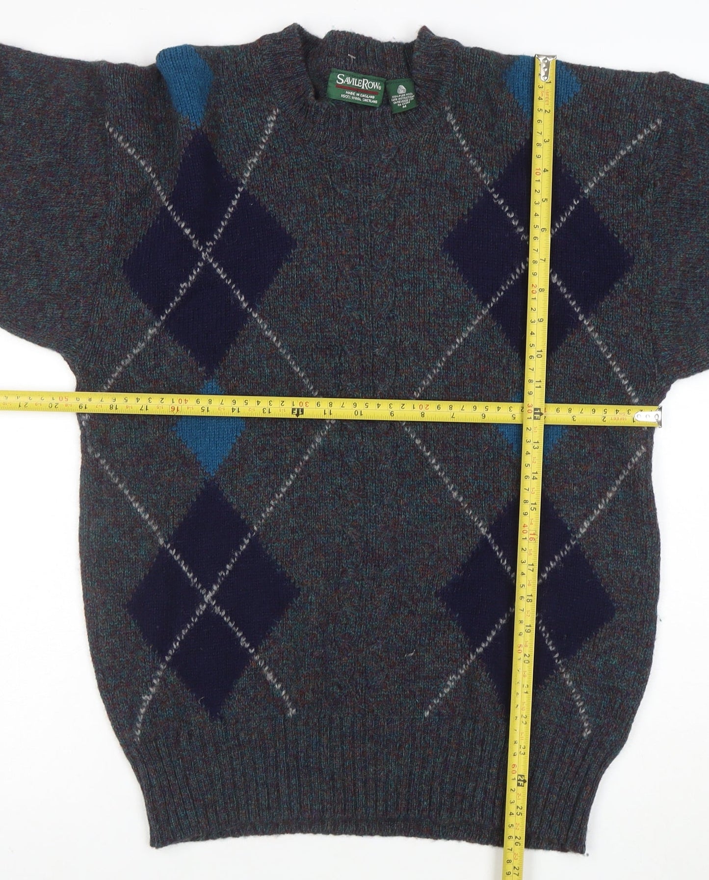 Savile Row Men's Blue Wool Argyle Pullover Jumper M