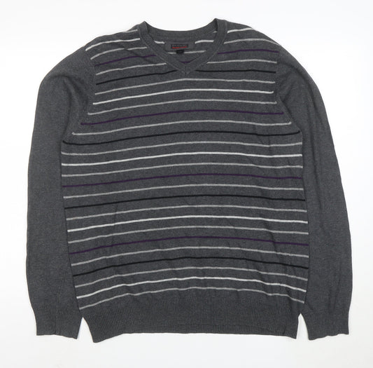 Emanuele Ungaro Men’s Grey Striped V-Neck Cotton Jumper Size L