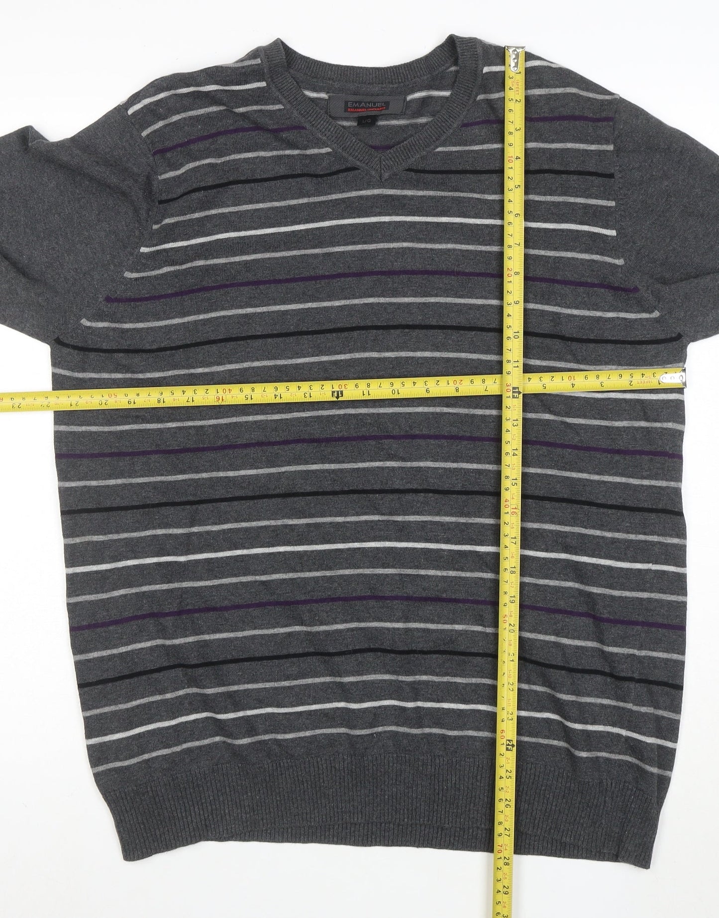 Emanuele Ungaro Men’s Grey Striped V-Neck Cotton Jumper Size L