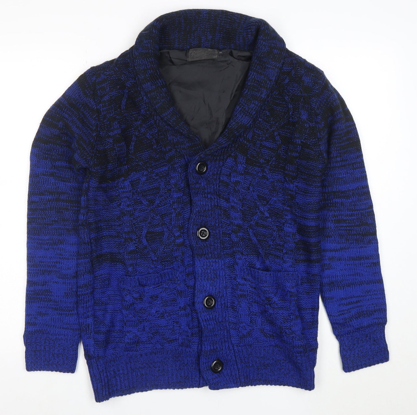 Roushalle Men's Blue Cable-Knit Cardigan Jumper M Lined Acrylic