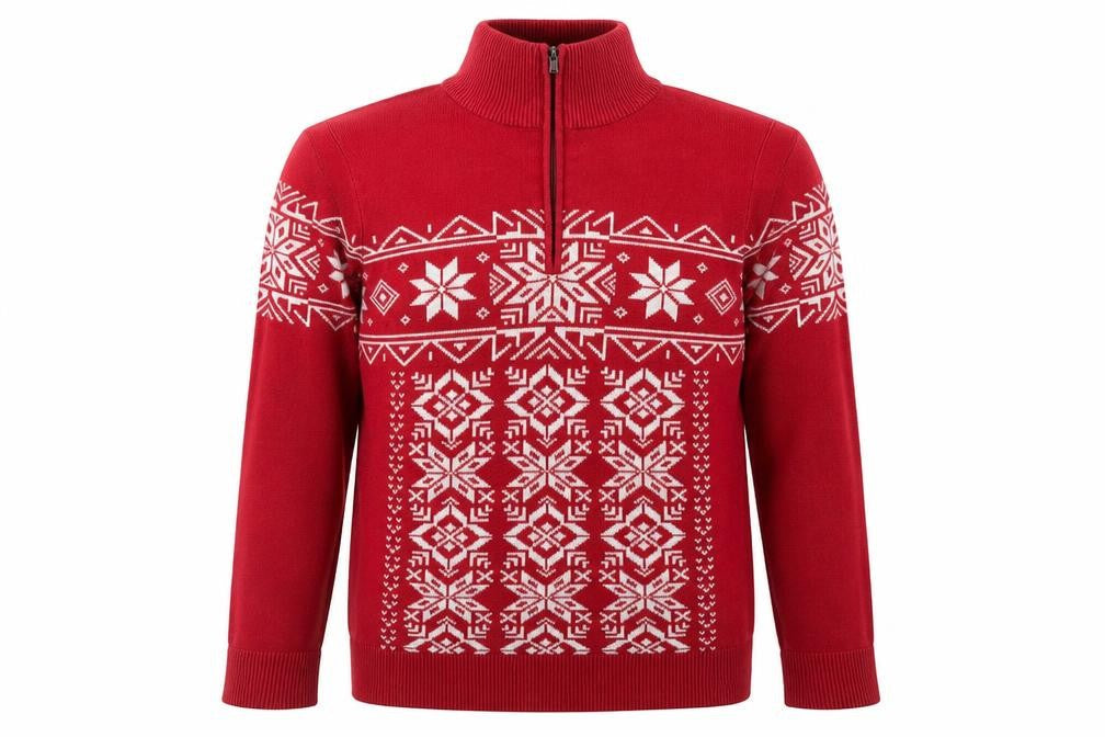 Eddie Bauer Men's Red Fair Isle 1/2 Zip Cotton Winter Jumper XL