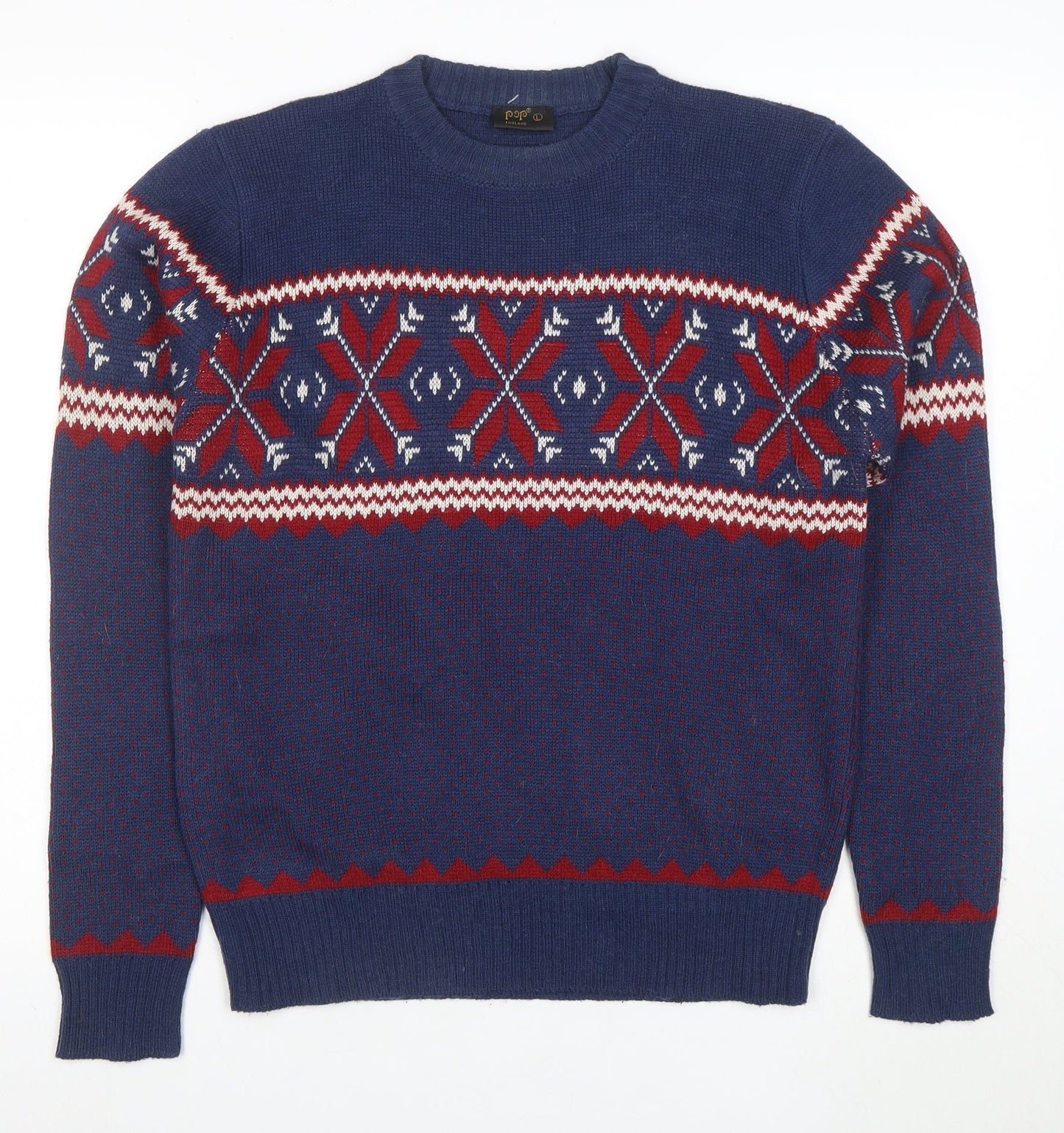 POP England Women's Blue Red Fair Isle Wool Blend Jumper L