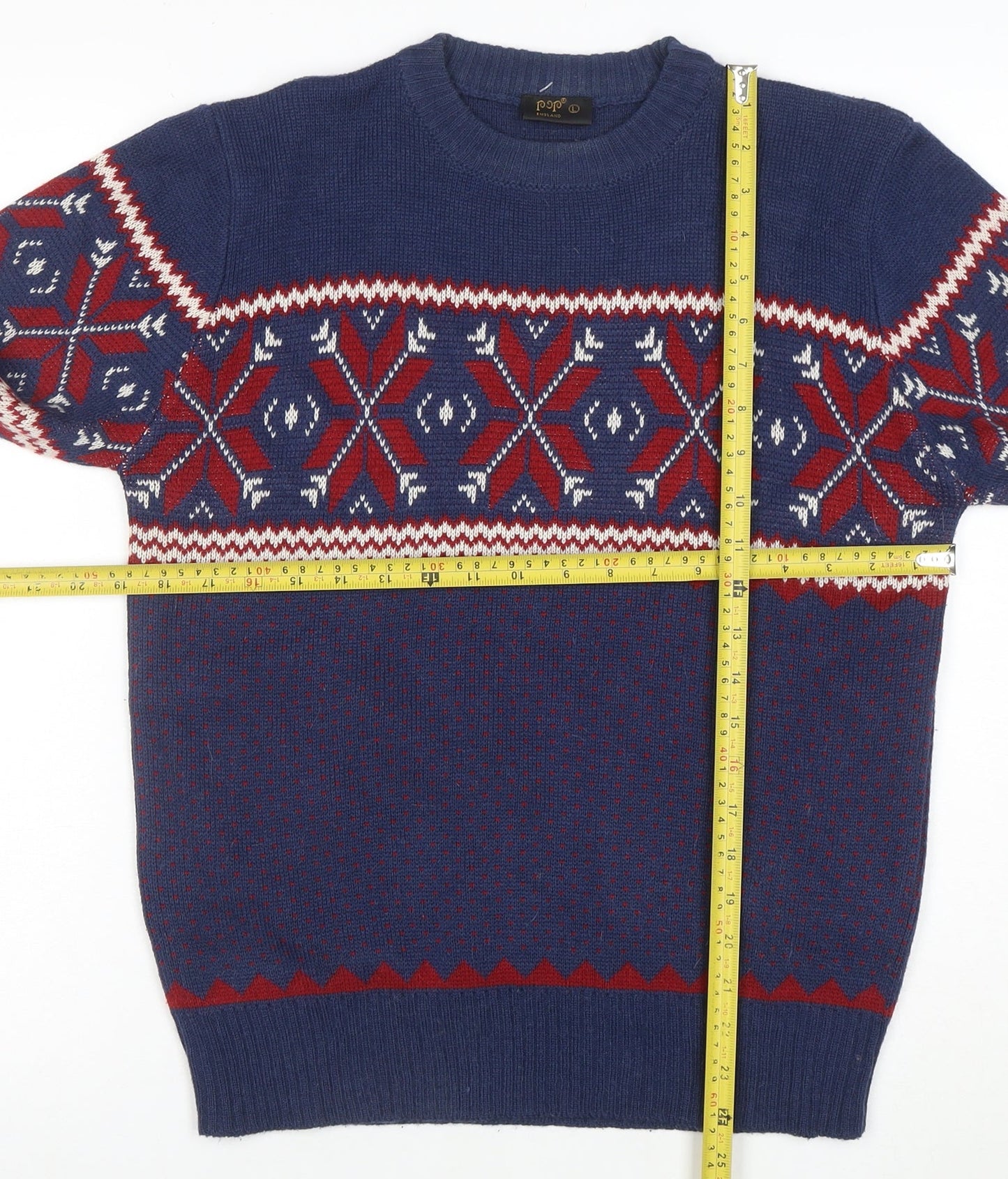 POP England Women's Blue Red Fair Isle Wool Blend Jumper L