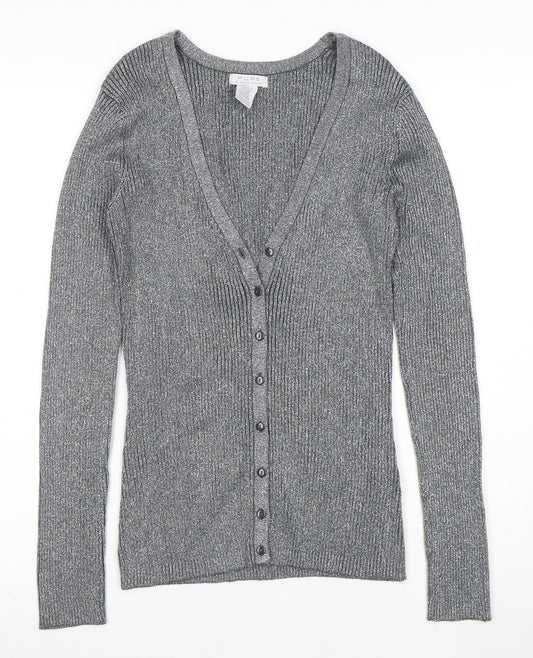 Pure Alfred Sung Women Grey Metallic Cardigan M V-Neck Button Ribbed Knit