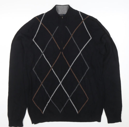 Van Heusen Studio Men's Black Argyle 1/2 Zip Cotton Jumper Size M