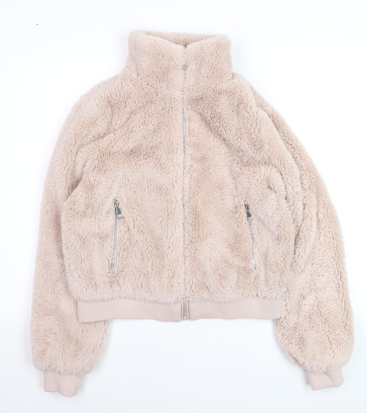 Pull & Bear Women Beige Faux Fur Zip Short Jacket Size 12