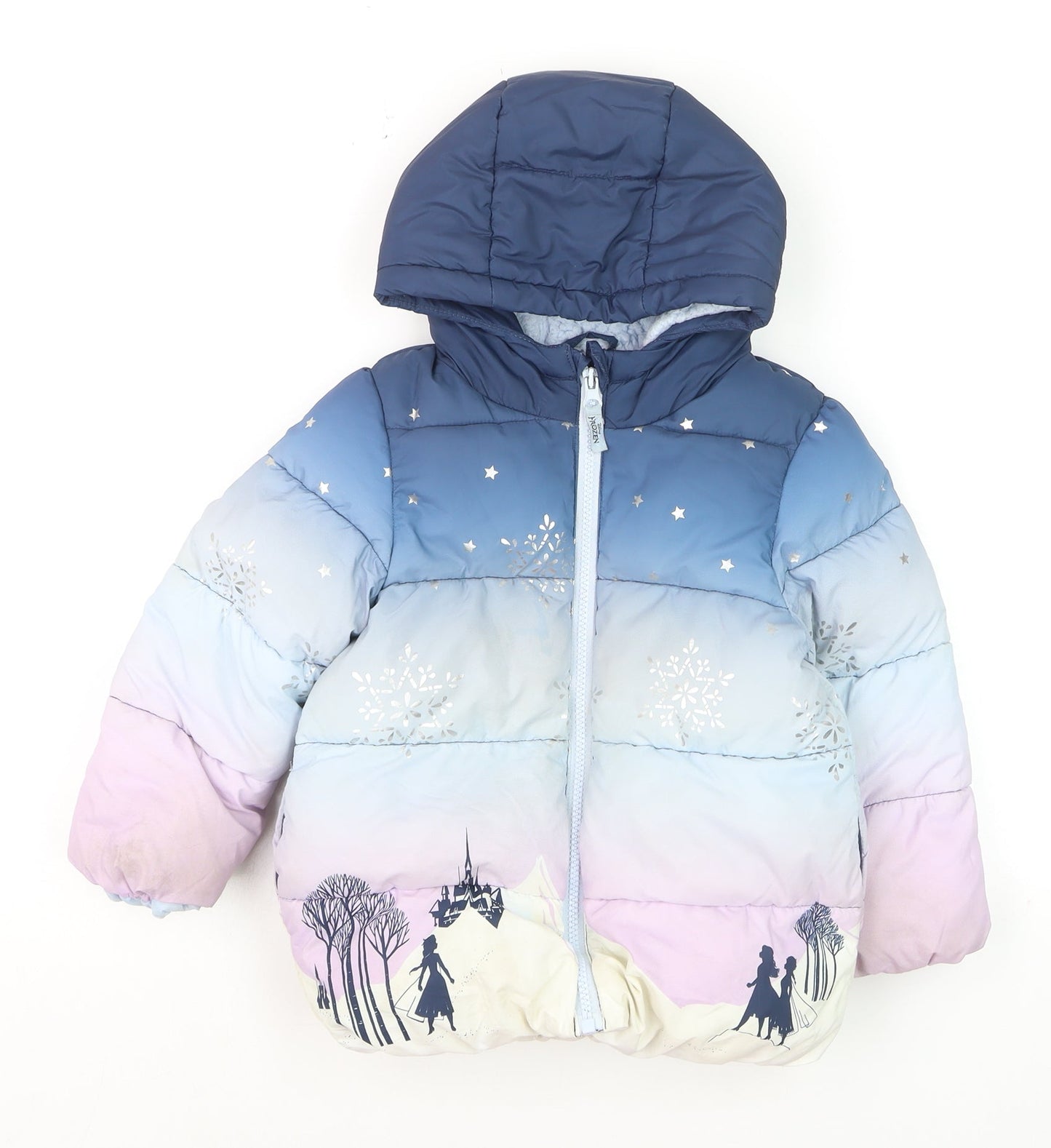 Marks and Spencer Girls Blue Frozen Puffer Jacket 2-3 Years Hooded Winter Coat