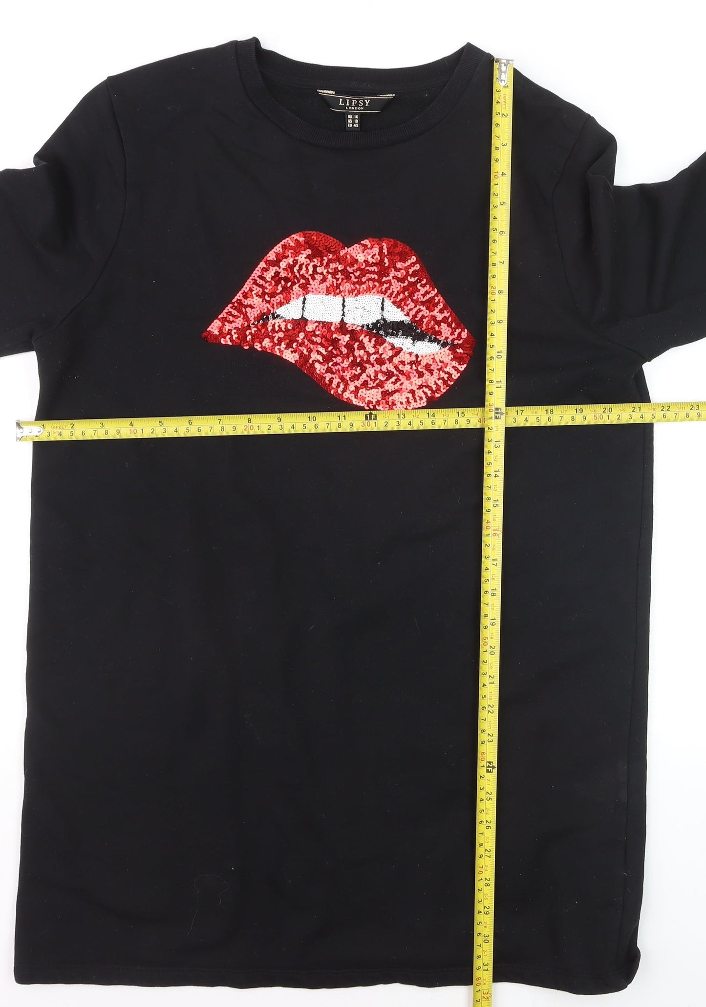 Lipsy Women Black Sequin Lips Sweatshirt UK 14