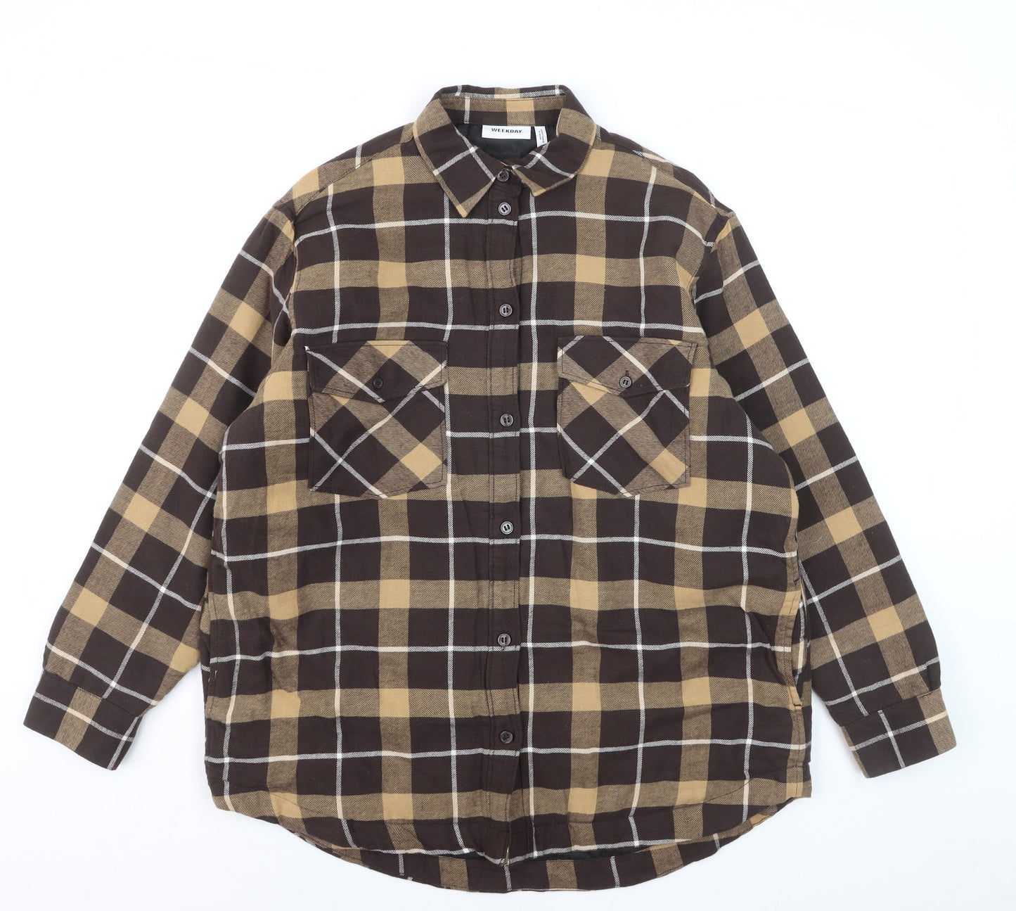 Weekday Men's Brown Check Flannel Lined Cotton Shirt XS