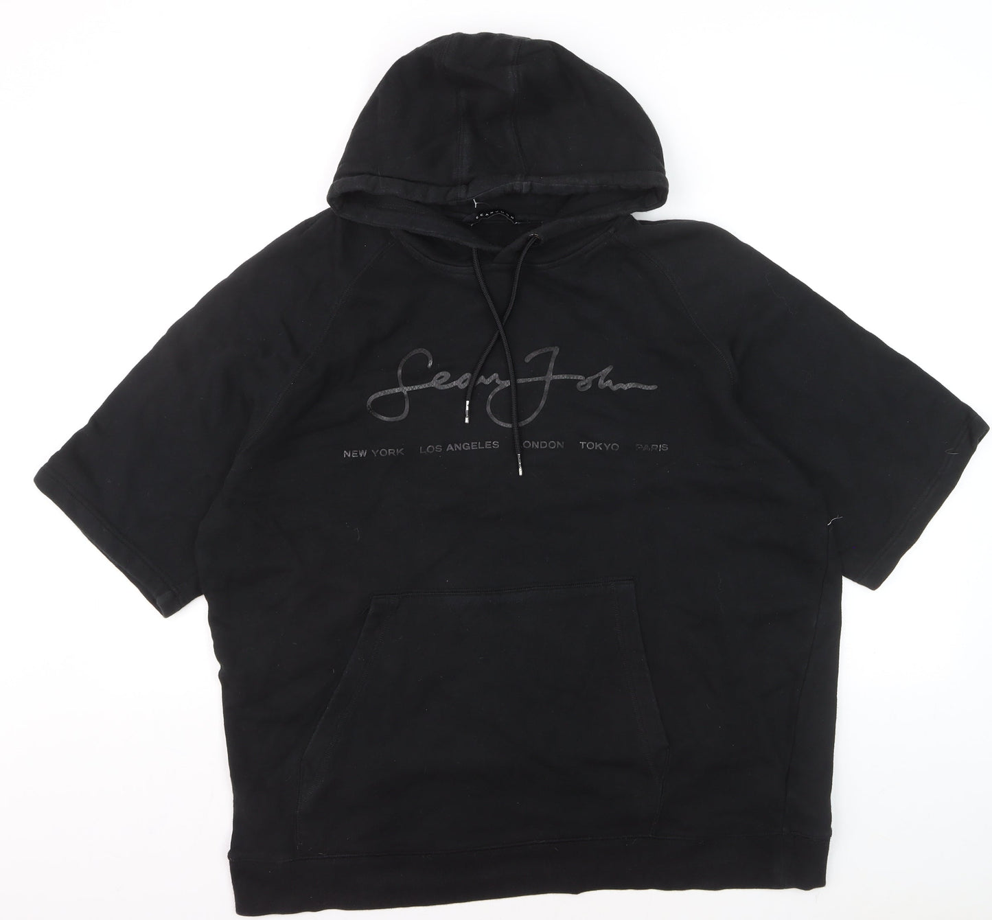 Sean John Men's Black XL Pullover Hoodie Short Sleeve Logo Cotton