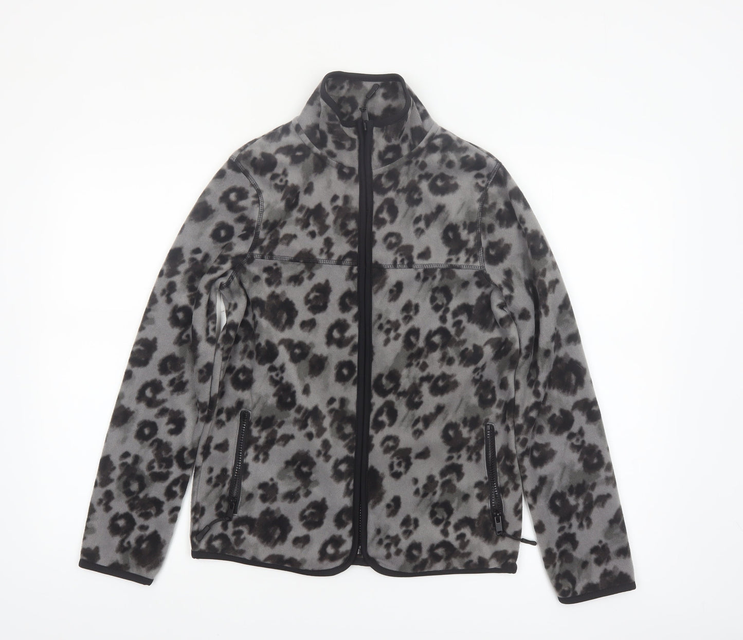 Tu Women's Grey Leopard Print Fleece Zip Jacket Size 8