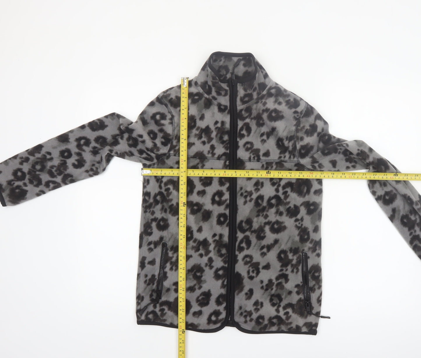 Tu Women's Grey Leopard Print Fleece Zip Jacket Size 8