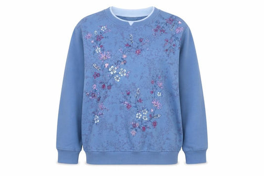 Northern Reflections Women’s Blue Petite L Floral Embroidered Pullover Sweatshirt