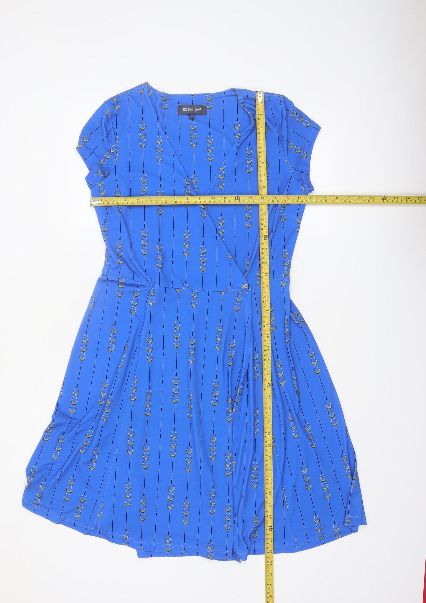 Sosandar Women Blue Size 12 Wrap Dress Short Sleeve V-Neck