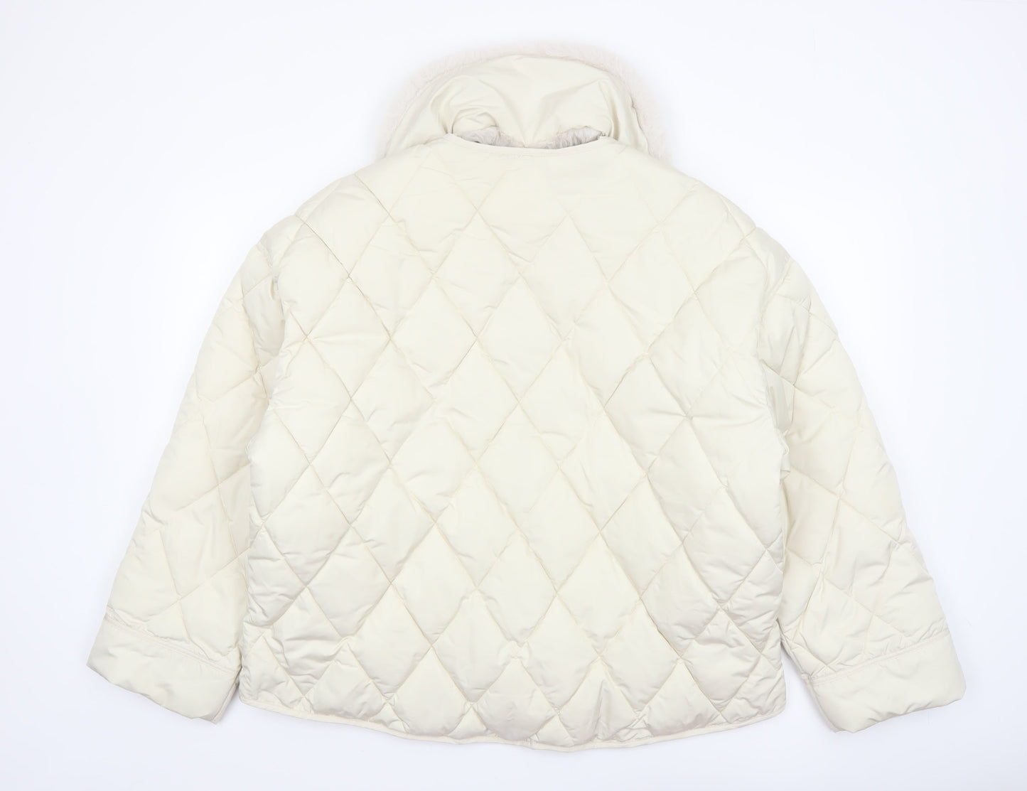 River Island Women Ivory Quilted Faux Fur Collar Jacket Size 14