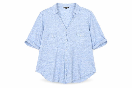 Massimo Dutti Women's Blue Linen Cotton Button-Up Shirt XL